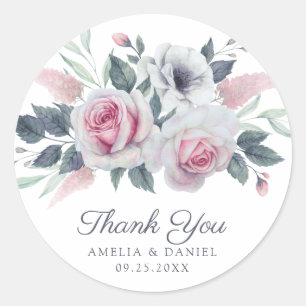 Romantic Pink Roses Watercolor Floral Wedding  Classic Round Sticker