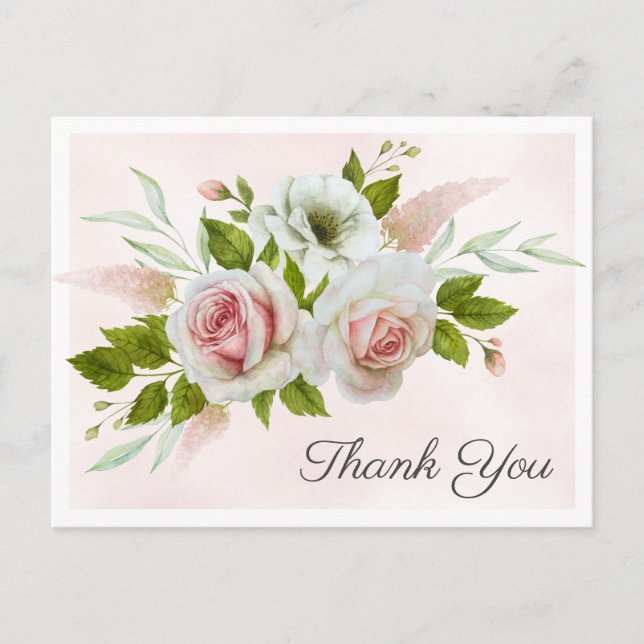 Romantic Pink Roses Watercolor Thank You Postcard (Front)