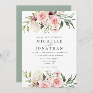 Romantic Pink Roses Wedding Invitation Green