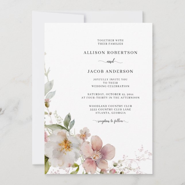 Romantic Pink Sage Green Wildflower Floral Wedding Invitation (Front)