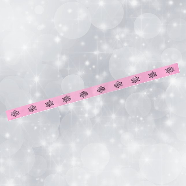 Romantic Pink Scroll Heart Tree Satin Ribbon (Round cluster pink hearts on black abstract branches on bright pink roll craft or gift wrap ribbon.)