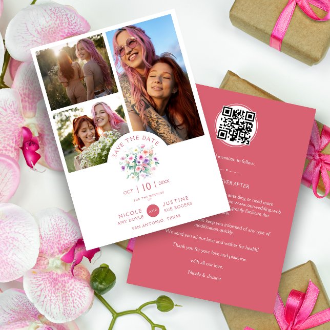 Romantic Pink Shades Botanical Bunch 3 Multi photo Save The Date (Romantic Pink Shades Botanical Bunch 3 Multi photos Collage Photos Session Save the Date.)