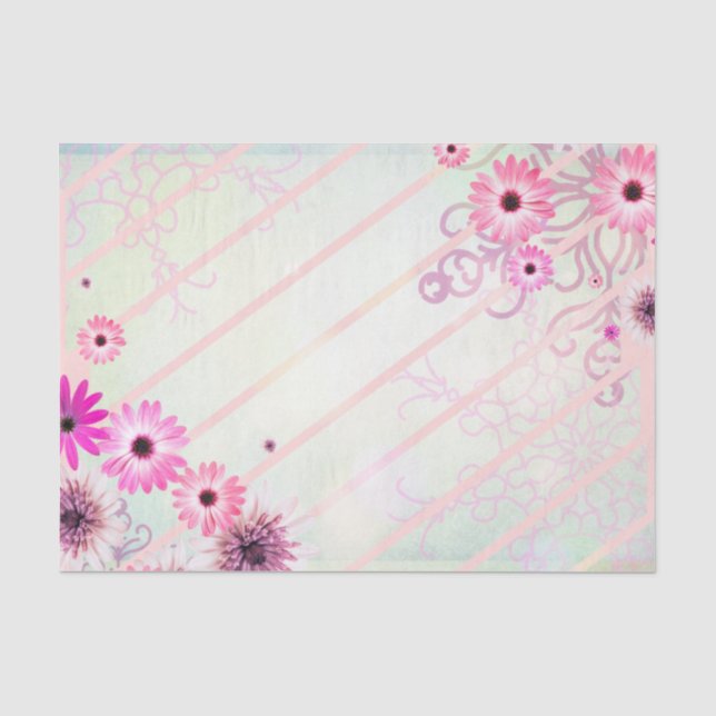 Romantic Pink Spring Flowers on Diagonal Stripes Tissue Paper (Front)