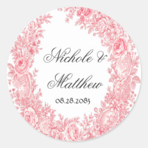 Romantic Pink Toile Flower Wedding Classic Round Sticker