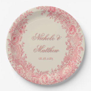 Romantic Pink Toile Flower Wedding Paper Plate