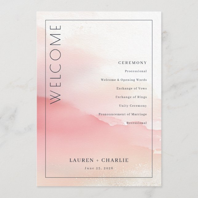Romantic Pink Watercolor Ceremony Schedule Program (Front)