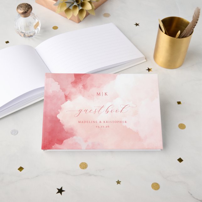 Romantic Pink Watercolor Clouds Guest Book (Front Open)