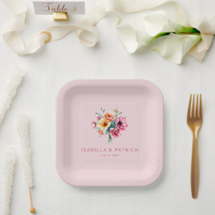 Romantic Pink Watercolor Floral Bouquet Paper Plate
