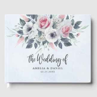 Romantic Pink Watercolor Floral Wedding Blue Guest Book