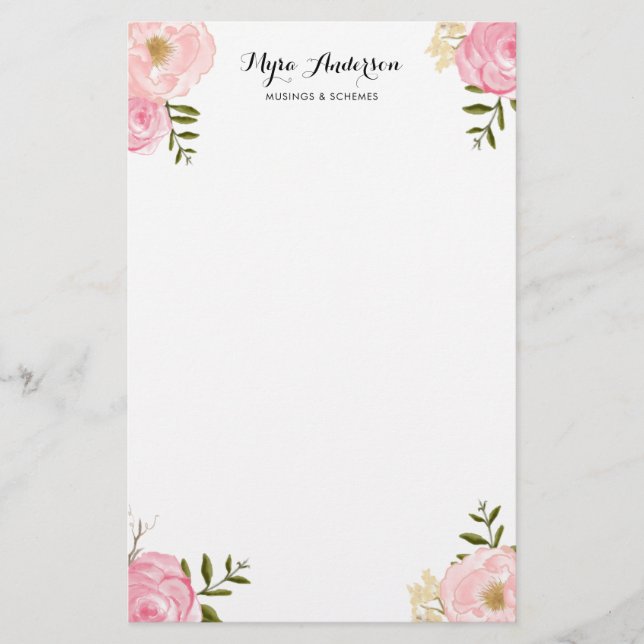 Romantic Pink Watercolor Flowers Personalized Stationery (Front)