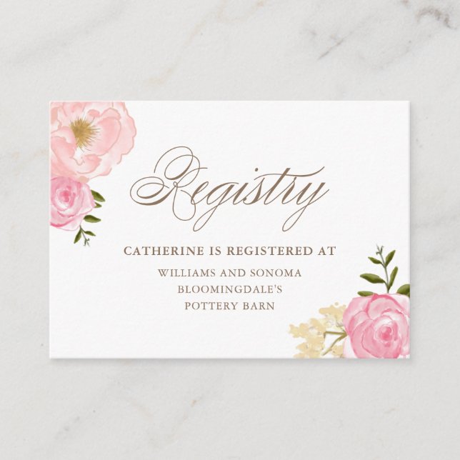 Romantic Pink Watercolor Flowers Registry Card (Front)