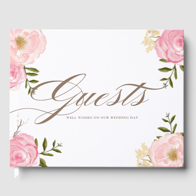 Romantic Pink Watercolor Flowers Wedding Guestbook (Front)