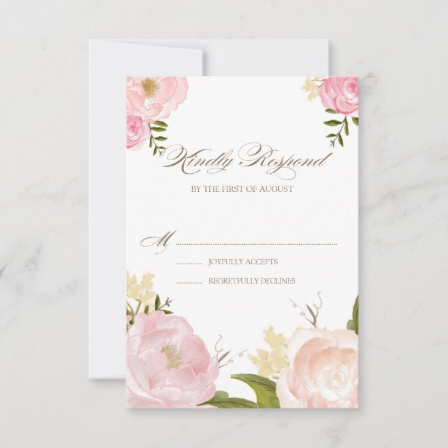 Romantic Pink Watercolor Flowers Wedding RSVP Card (Front)