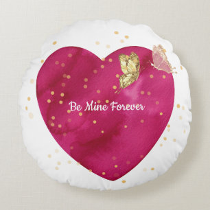 Romantic Pink Watercolor Heart & Gold Butterfly  Round Pillow