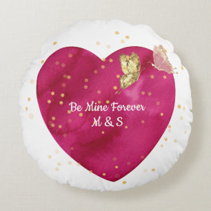 Romantic Pink Watercolor Heart & Gold Butterfly  Round Pillow