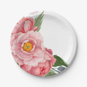 Romantic Pink Watercolor Peonies Floral Paper Plate