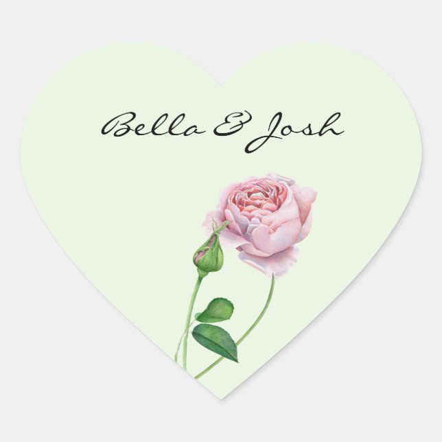 Romantic Pink Watercolor Rose Bud Heart Sticker (Front)