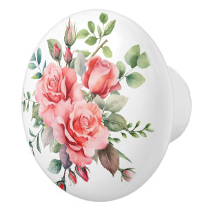 Romantic Pink Watercolor Roses Ceramic Knob