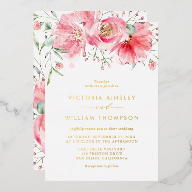 Romantic Pink Watercolor Roses Floral Wedding  (Front/Back)