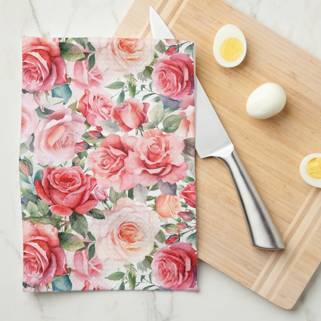 Romantic Pink Watercolor Roses  Kitchen Towel (Quarter Fold)