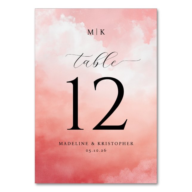 Romantic Pink Watercolor Table Number (Front)