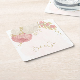 Romantic pink & white flowers gold square paper coaster