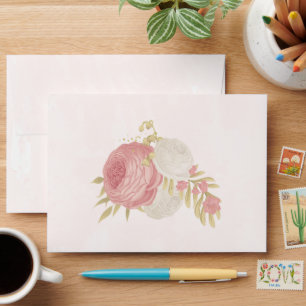 Romantic pink & white flowers gold wedding envelope