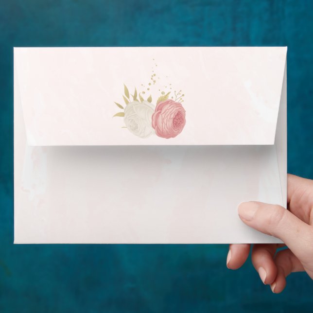 Romantic pink & white flowers gold wedding envelope (Hand)