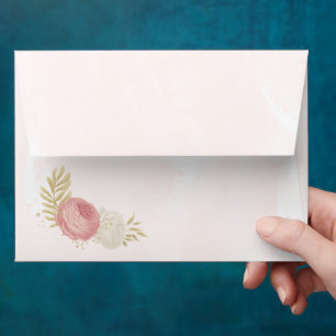 Romantic pink & white flowers gold wedding envelope