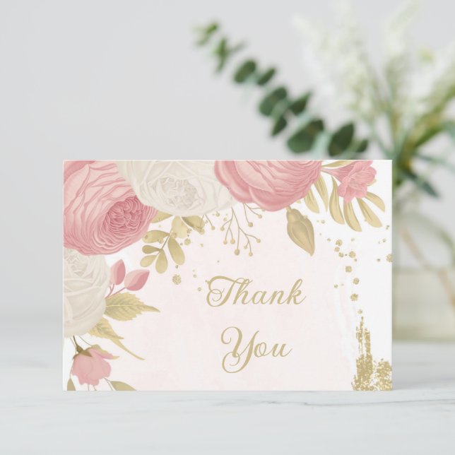 Romantic pink & white flowers gold wedding  thank you card (Standing Front)