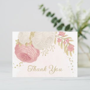 Romantic pink & white flowers gold wedding thank you card