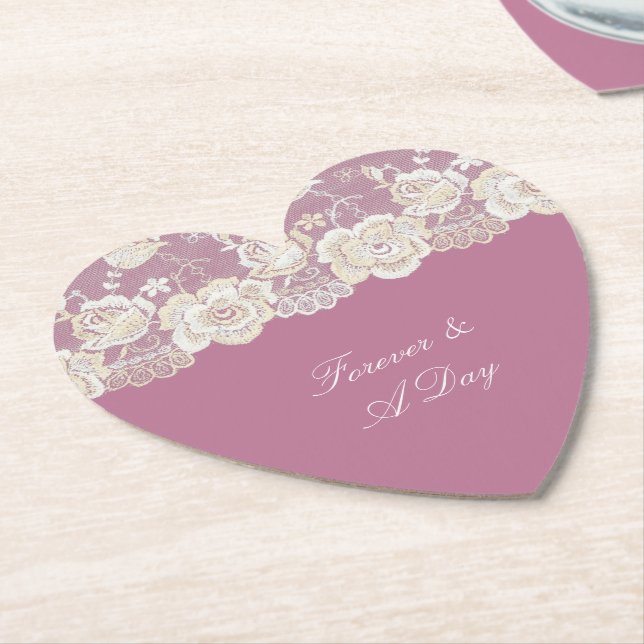 Romantic Pink White Lace Floral Wedding Paper Coaster (Angled)