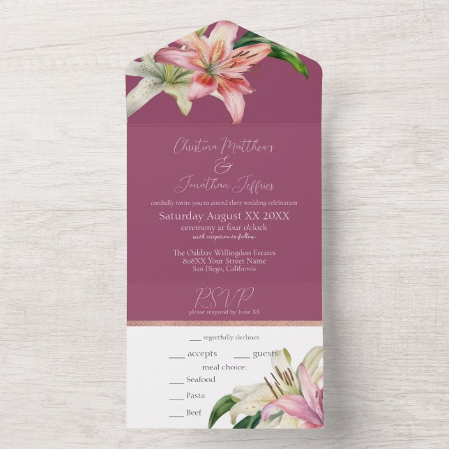 Romantic Pink & White Lilies on Fuchsia All In One Invitation (Inside)