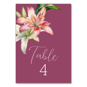 Romantic Pink & White Lilies on Fuchsia Table Number