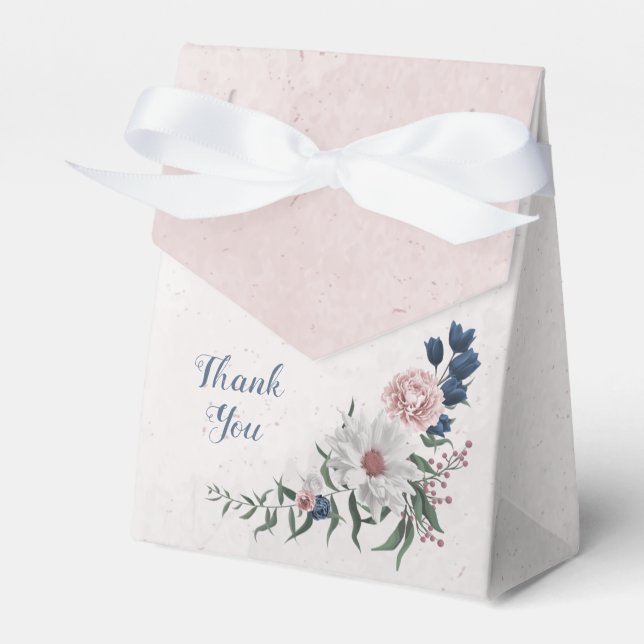 Romantic pink white navy flowers greenery wedding favor box (Front Side)