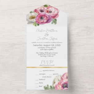 Romantic Pink & White Ranunculus All In One Invitation