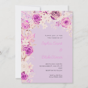 Romantic Pink & White Roses Light Purple Wedding Invitation