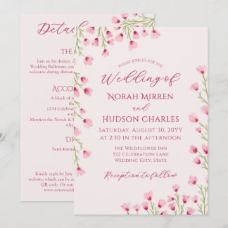 Romantic Pink Wildflowers 2-in-1 Wedding & Details Invitation