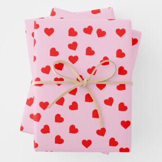 Romantic Playful Red Heart Pattern Pastel Pink Wrapping Paper Sheet