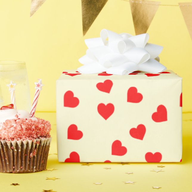 Romantic Playful Red Heart Pattern Pastel Yellow Wrapping Paper (Birthday Party)
