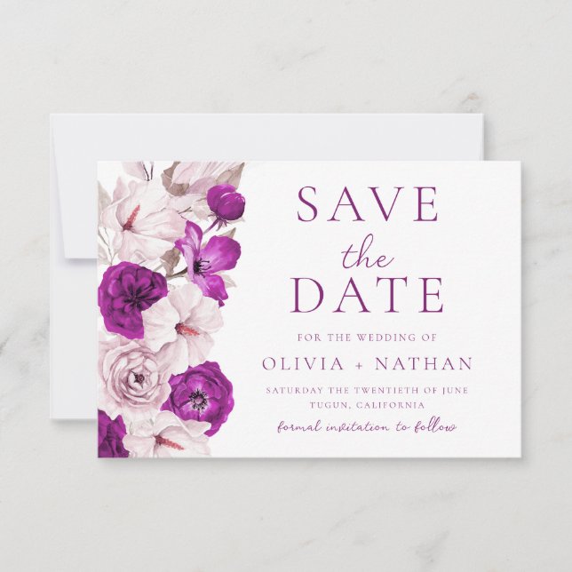 Romantic Plum & Blush Watercolor Wedding Save The Date (Front)
