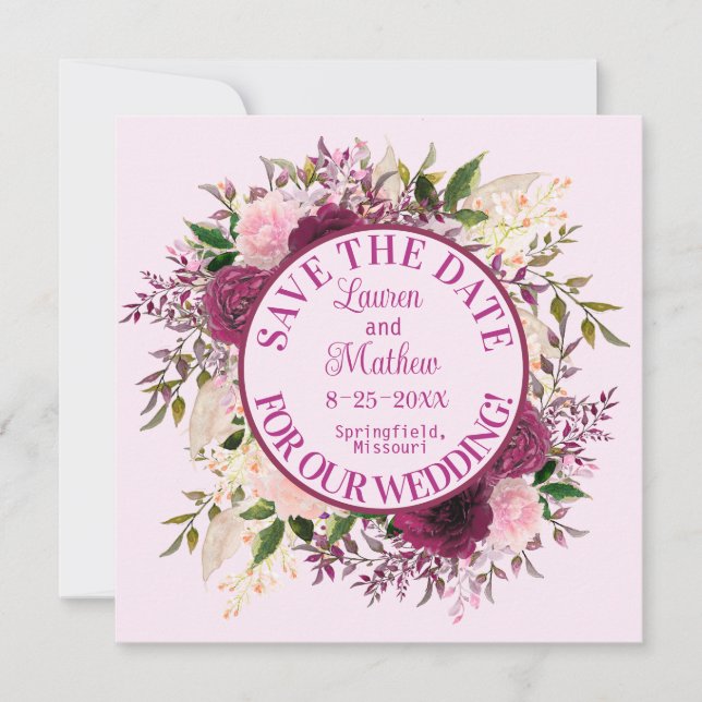 Romantic Plum Burgundy Blush Pink Floral  Save The Date (Front)