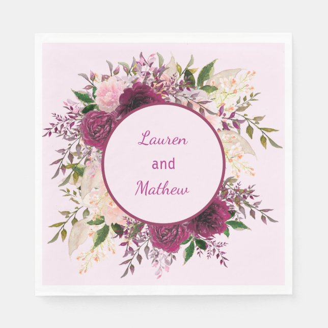 Romantic Plum Burgundy, Blush Pink Personalized Napkin (Front)