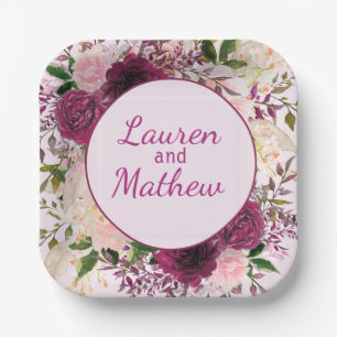 Romantic Plum Burgundy, Blush Pink Personalized Paper Plate