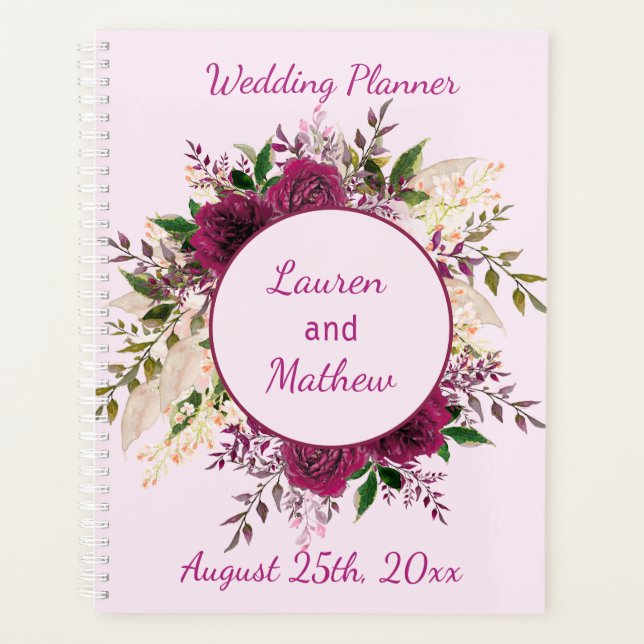 Romantic Plum Burgundy, Blush Pink Wedding Planner (Front)