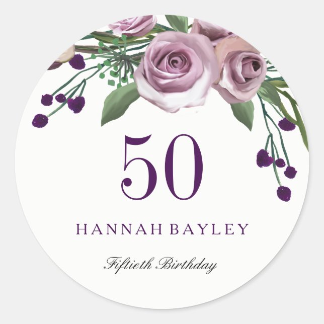 Romantic Plum Purple Rose Floral 50th Birthday Classic Round Sticker (Front)