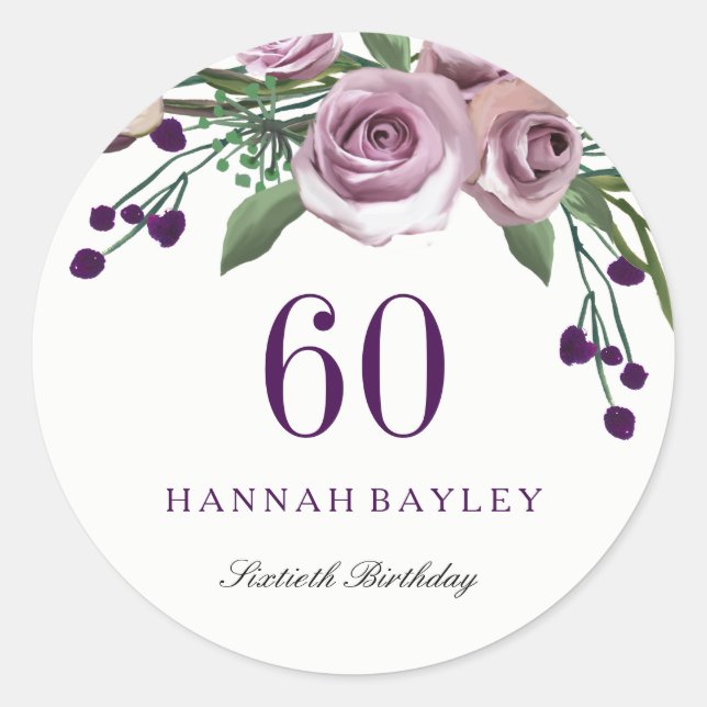 Romantic Plum Purple Rose Floral 60th Birthday Classic Round Sticker (Front)
