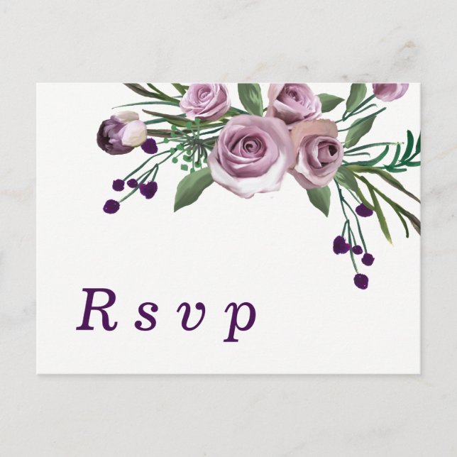 Romantic Plum Purple Rose Floral Wedding RSVP Invitation Postcard