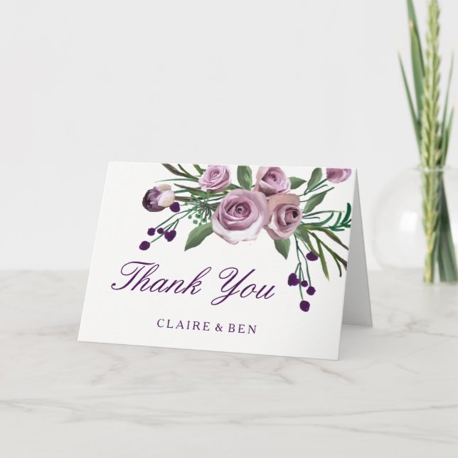 Romantic Plum Purple Rose Floral Wedding Thank You (Front)