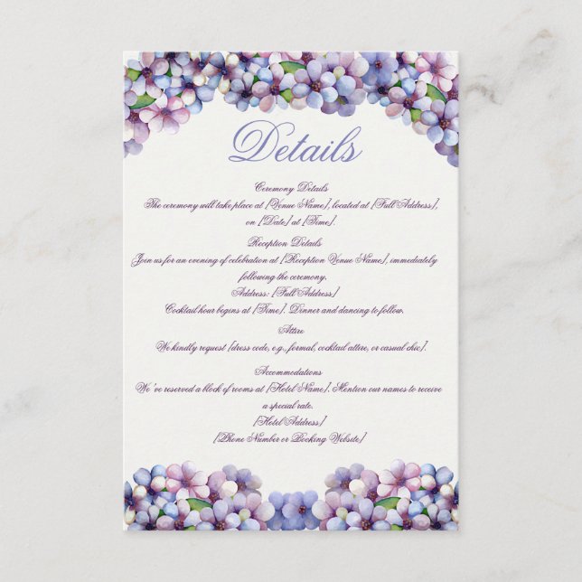 Romantic Poetic Lilac Watercolor Floral Wedding Enclosure Card (Front)